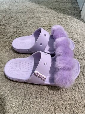 CROCS Lavender Plush-Trim Slide Sandals